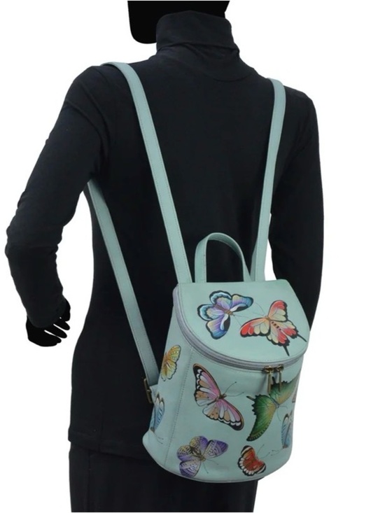 Anuschka Hand-Painted Genuine Leather Bucket Backpack Purse Blue Butterfly Bag main image 14
